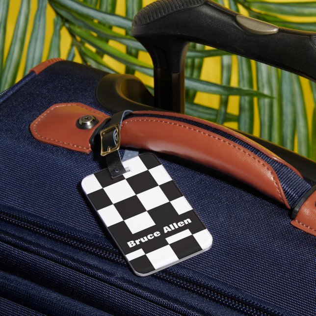 Chequerboard Pattern Black and White Personalise Luggage Tag (Front Insitu 1)