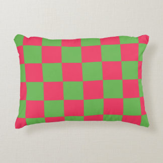 chequerboard pattern green and pink colours decorative cushion