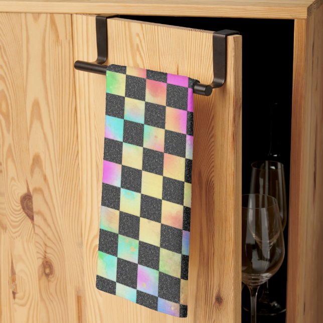 Chequerboard Pattern In 80's Colours Tea Towel (Thirds Fold)