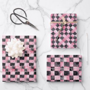 Chequerboard Pattern in Soft Black & Pink Tones Wrapping Paper Sheet