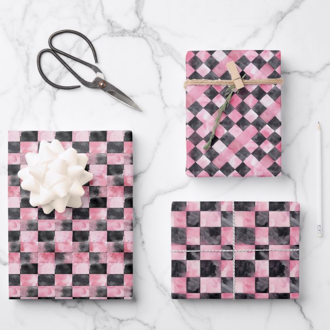 Chequerboard Pattern in Soft Black & Pink Tones Wrapping Paper Sheet (Front)