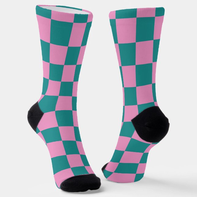 Chequerboard Pattern Pink and Green Socks (Angled)