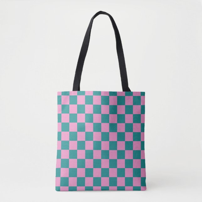 Chequerboard Pattern Pink and Green Tote Bag (Front)