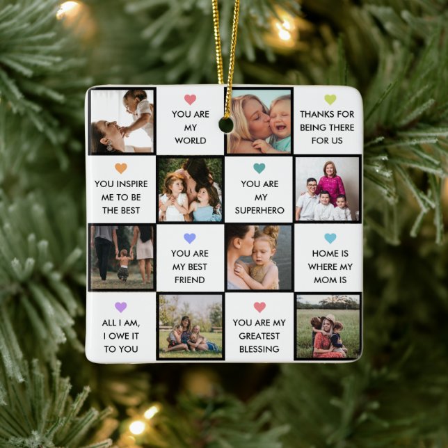 Chequerboard Photo Collage & Mother's Day Messages Ceramic Ornament (Tree)