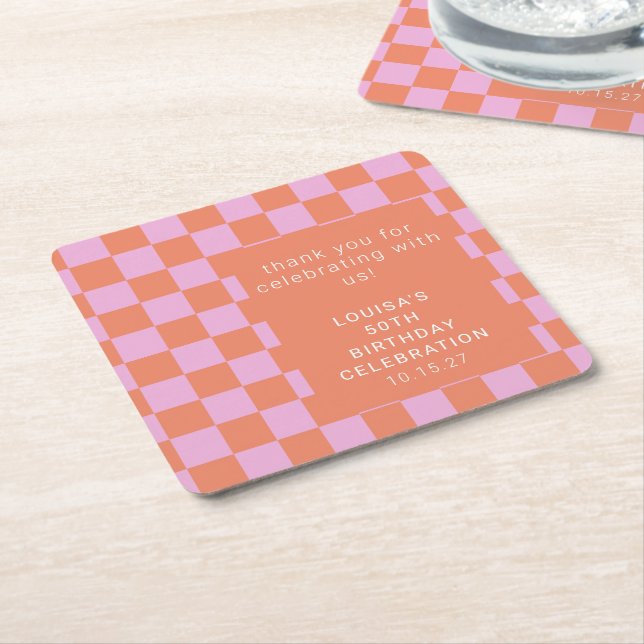 Chequerboard Pink Orange Custom Birthday Thank You Square Paper Coaster (Angled)