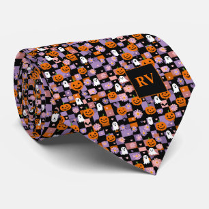 Chequerboard Pumpkin Party Halloween Monogrammed Tie