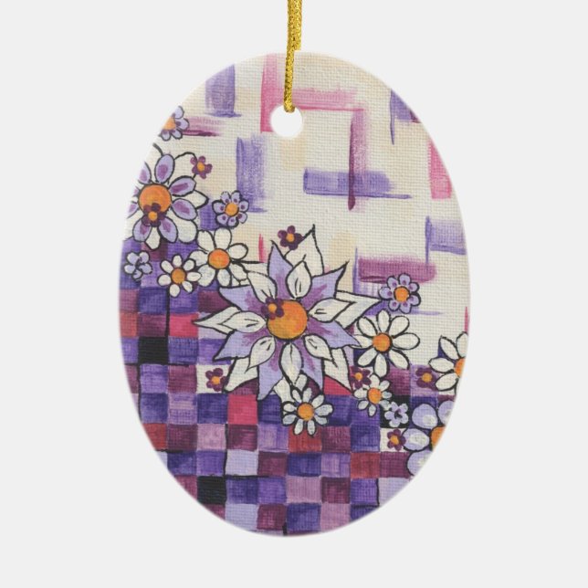 Chequerboard Purple Daisy Spray Ceramic Tree Decoration (Front)