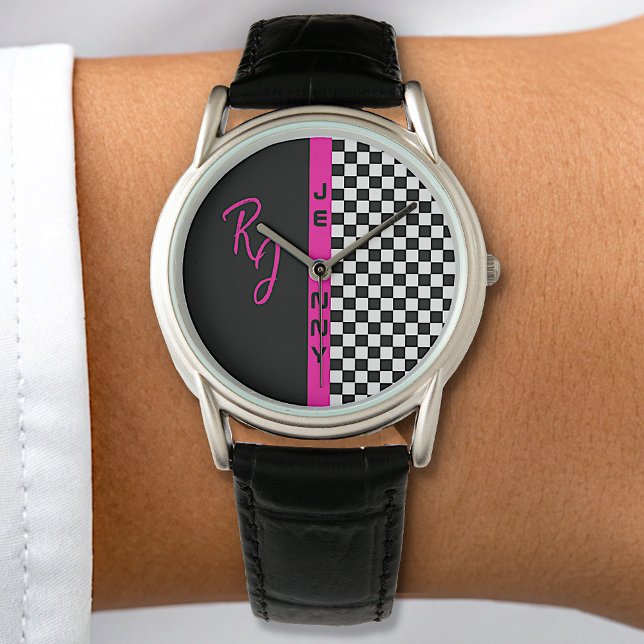 Chequerboard Racing Flag Pink Line Custom Name Watch (Creator Uploaded)