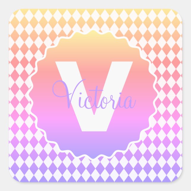 Chequerboard Rainbow Colour with Monogram Name   Square Sticker (Front)
