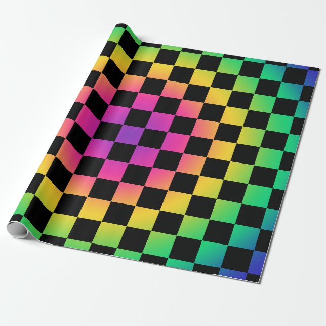 Chequerboard Rainbow Flower Pattern Wrapping Paper (Unrolled)