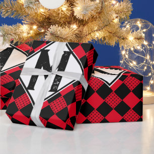 Chequerboard red & black buffalo plaid Monogram Wrapping Paper