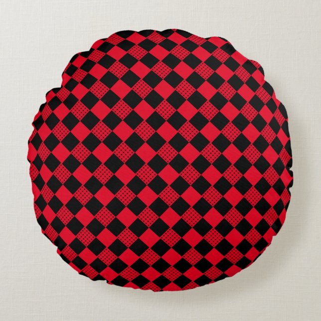 Chequerboard Red & black buffalo plaid pattern Round Cushion (Front)