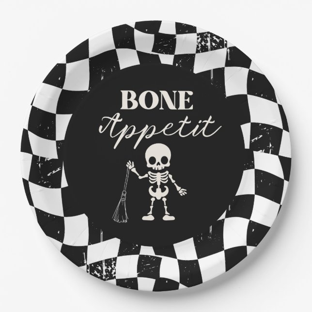 Chequerboard Retro Bad To The Bones Halloween Paper Plate (Front)