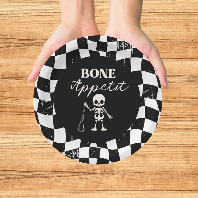 Chequerboard Retro Bad To The Bones Halloween Paper Plate (Creator Uploaded)