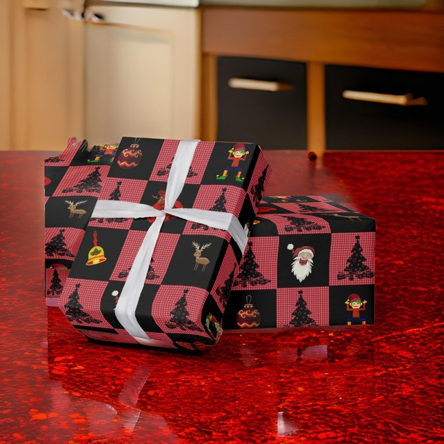 Chequerboard Santa Snowman Wreath  Black Red Wrapping Paper (Creator Uploaded)