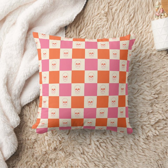 Chequerboard Skulls in Pink, Orange, & Cream Cushion (Blanket)