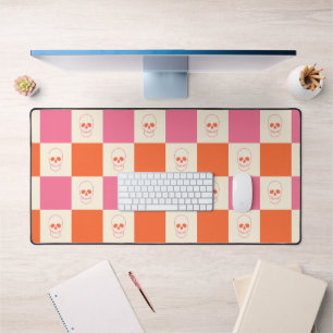 Chequerboard Skulls in Pink, Orange, & Cream Desk Mat
