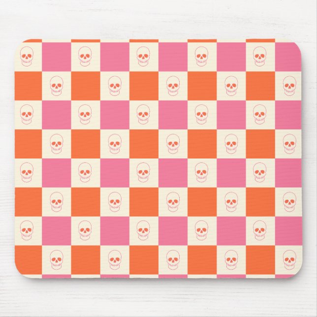 Chequerboard Skulls in Pink, Orange, & Cream Mouse Mat (Front)