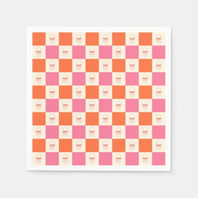 Chequerboard Skulls in Pink, Orange, & Cream Napkin (Front)