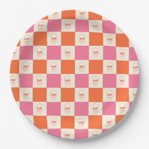 Chequerboard Skulls in Pink, Orange, & Cream Paper Plate
