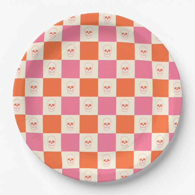 Chequerboard Skulls in Pink, Orange, & Cream Paper Plate (Front)