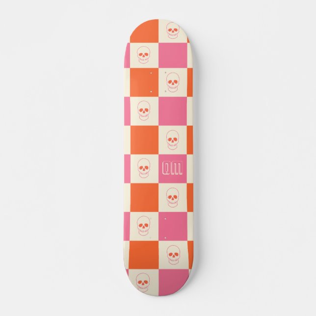 Chequerboard Skulls in Pink, Orange, & Cream Skateboard (Front)