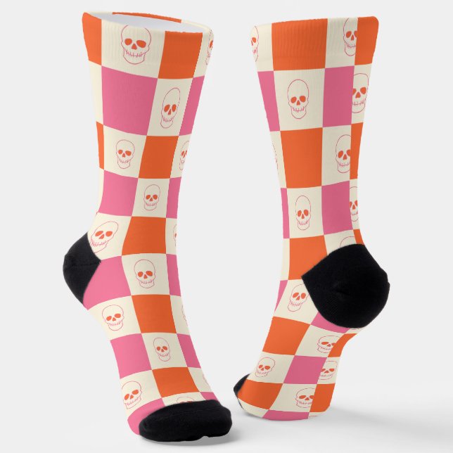 Chequerboard Skulls in Pink, Orange, & Cream Socks (Angled)