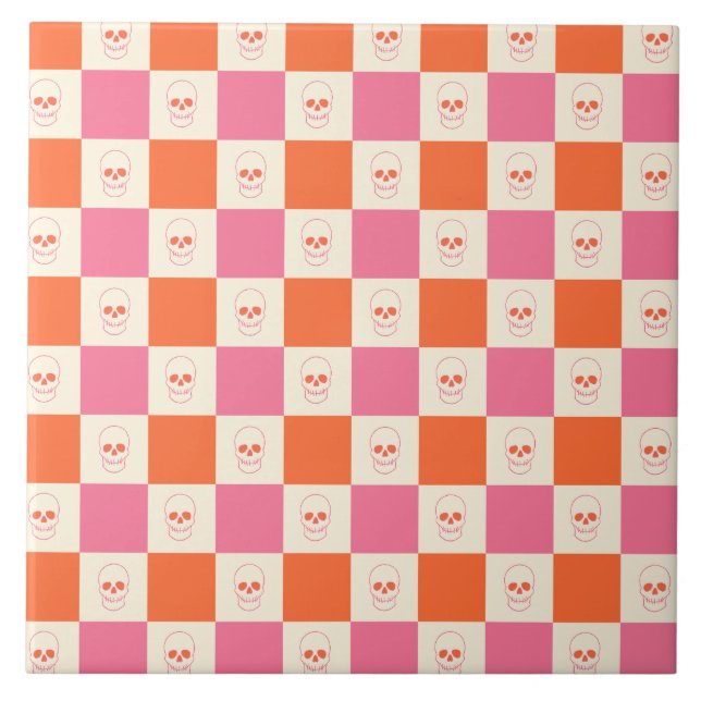 Chequerboard Skulls in Pink, Orange, & Cream Tile (Front)