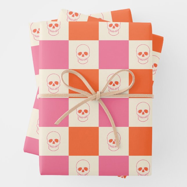 Chequerboard Skulls in Pink, Orange, & Cream Wrapping Paper Sheet (In situ)
