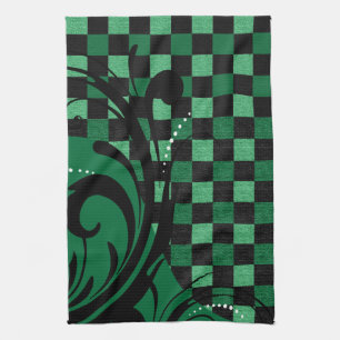 Chequerboard Swirl Pattern   Green and Black Tea Towel