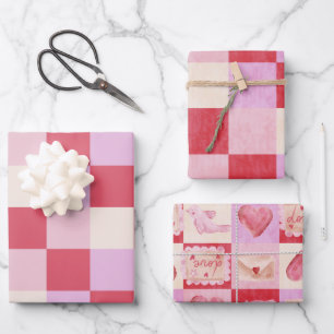 chequerboard valentine plaid red pink cream preppy wrapping paper sheet