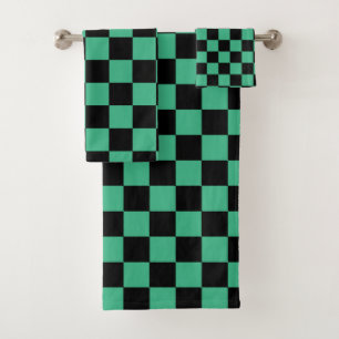 Chequered Aqua Green and Black Bath Towel Set