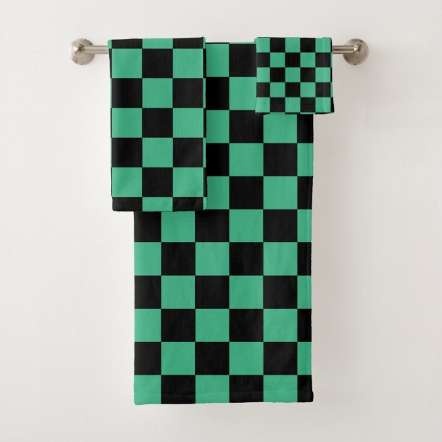 Chequered Aqua Green and Black Bath Towel Set (Insitu)