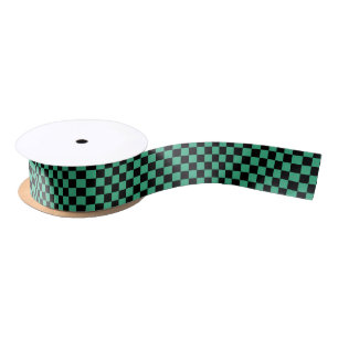 Chequered Aqua Green and Black Satin Ribbon