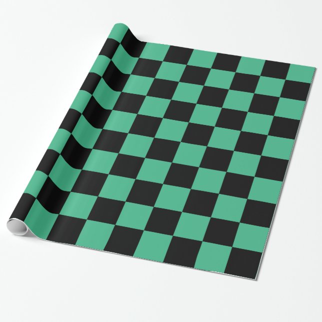 Chequered Aqua Green and Black Wrapping Paper (Unrolled)