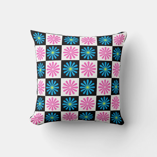 Chequered Aster Pink Blue Floral Abstract  Cushion (Front)