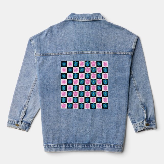 Chequered Aster Pink Blue Floral Abstract  Denim Jacket (Back)