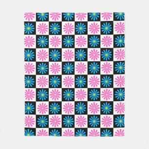Chequered Aster Pink Blue Floral Abstract  Fleece Blanket