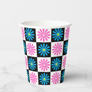 Chequered Aster Pink Blue Floral Abstract Paper Cups