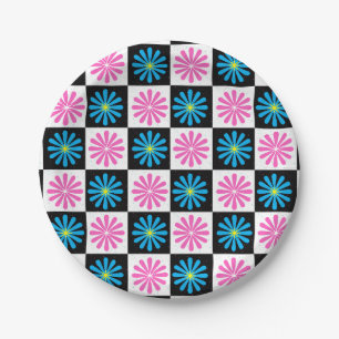 Chequered Aster Pink Blue Floral Abstract Paper Plate