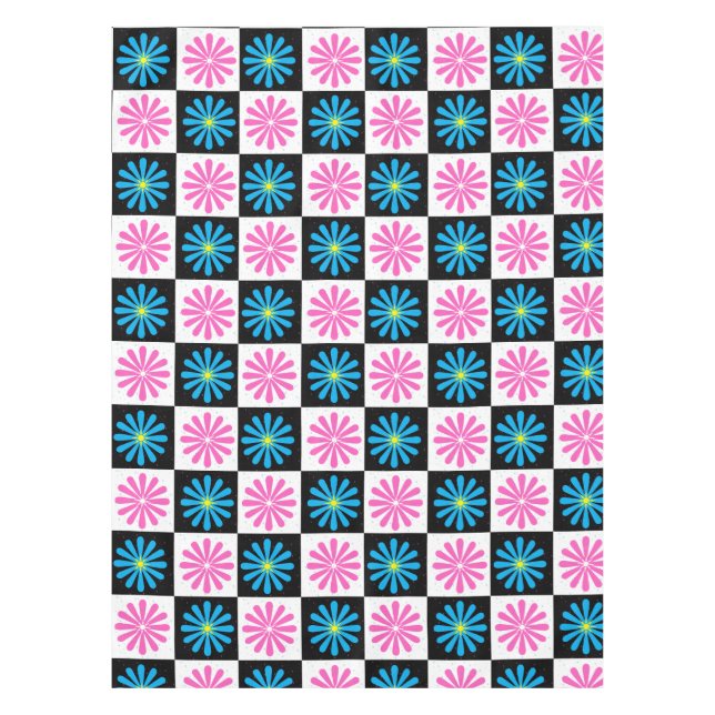 Chequered Aster Pink Blue Floral Abstract  Tablecloth (Front)