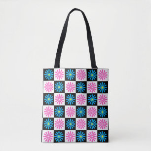 Chequered Aster Pink Blue Floral Abstract Tote Bag