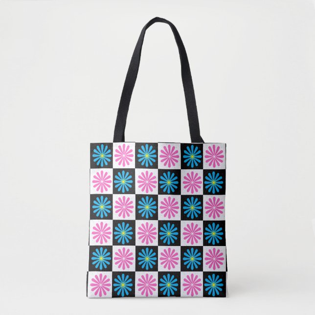 Chequered Aster Pink Blue Floral Abstract  Tote Bag (Front)