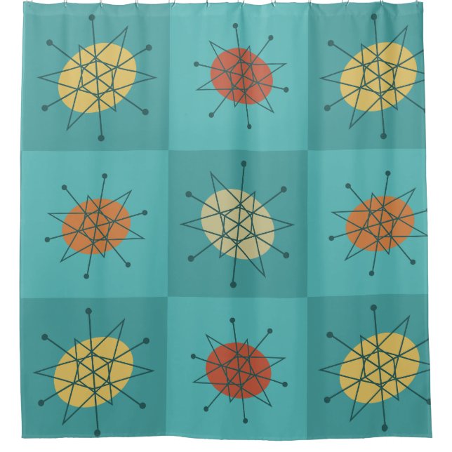 Chequered Atomic Age Turquoise Shower Curtain (Front)