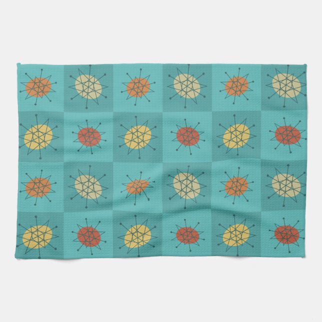 Chequered Atomic Age Turquoise Tea Towel (Horizontal)