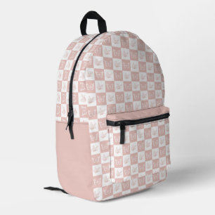 Chequered Baby Pink and White Butterfly Pattern Printed Backpack
