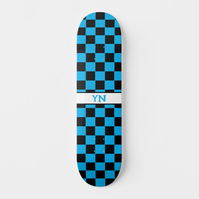 Chequered Black and Sky Blue Custom Initials  Skateboard (Front)