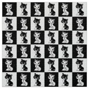 Chequered Black And White Cat Fabric
