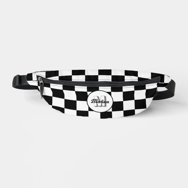 Chequered Black and White geometric retro Monogram Bum Bags (Front)
