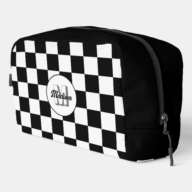 Chequered Black and White geometric retro Monogram Dopp Kit (Right Corner)